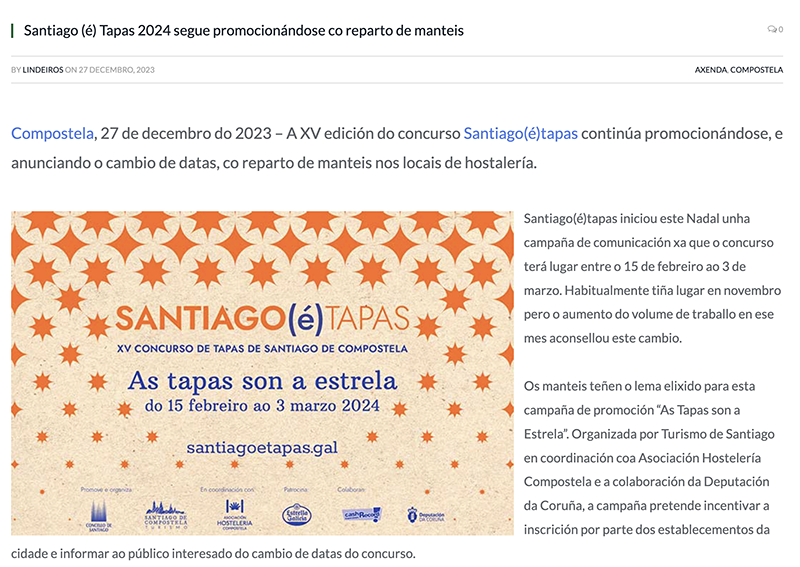 A XV edición do concurso Santiago(é)tapas continúa promocionándose, e anunciando o cambio de datas, co reparto de manteis nos locais de hostalería.
